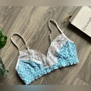 Hanky panky blue check white floral lace unlined wireless ruffle band bralette S